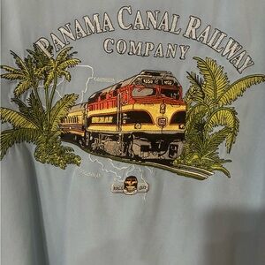 Rare Nat Nast Silk Camp Shirt in blue & commemorating the PANAMA CANAL RAILWAY